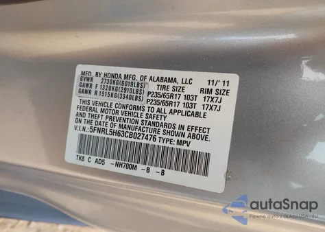 2012 Honda Odyssey Ex-L from USA, damaged, VIN 5FNRL5H63CB027476